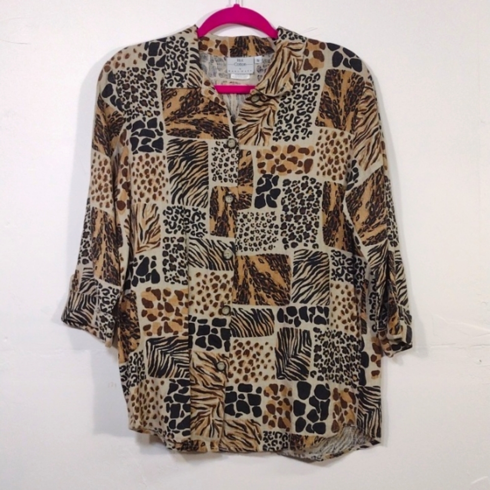 Hot Cotton Women's Animal Print Button Down Shirt in Tan, Black, Cream